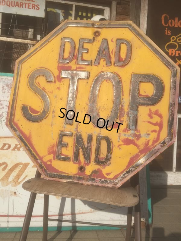 画像1: Vintage Road Sign Yellow Embossed Stop Dead End (AL424)