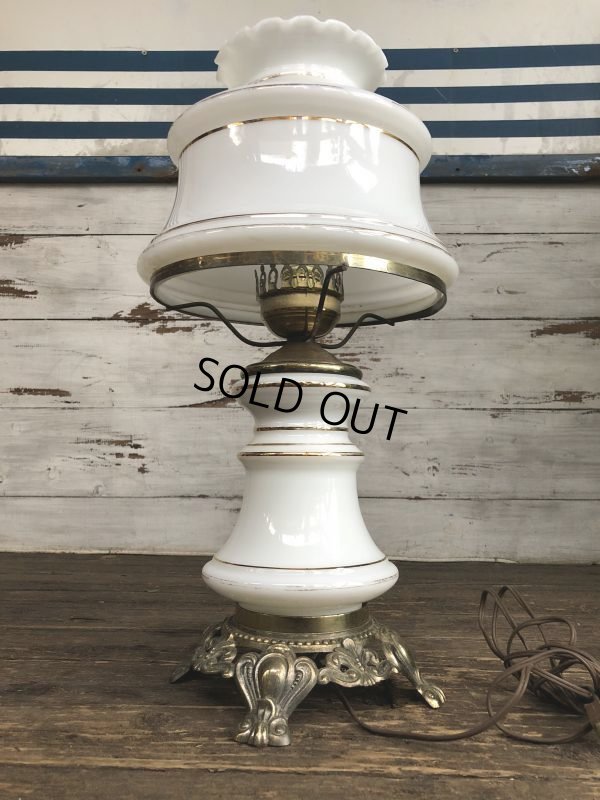 画像3: 60s Vintage Metal Base Milk Glass Hurricane 3 Way Table Lamp (S028)