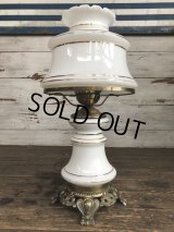 60s Vintage Metal Base Milk Glass Hurricane 3 Way Table Lamp (S028)