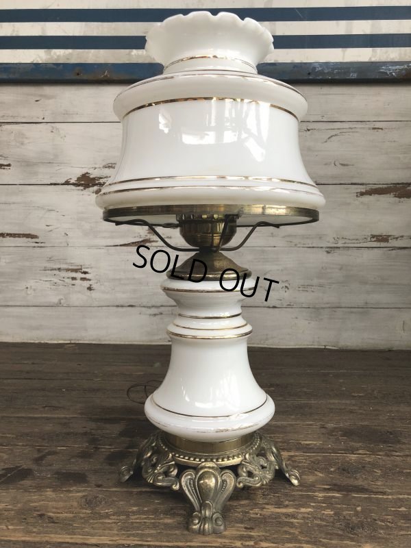 画像1: 60s Vintage Metal Base Milk Glass Hurricane 3 Way Table Lamp (S028)