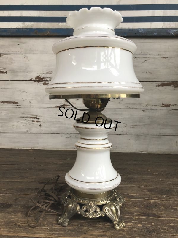 画像2: 60s Vintage Metal Base Milk Glass Hurricane 3 Way Table Lamp (S028)