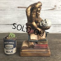 Vintage Darwin Monkey On Books w/ Skull Chalkware Statue (S485)