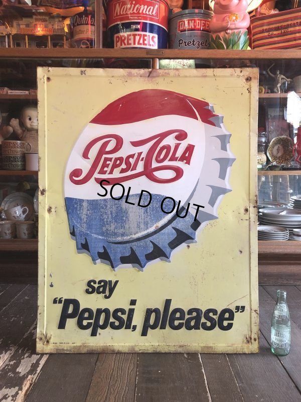 画像1: 50s 60s Vintage Pepsi Cola Say Pepsi Please Embossed Metal Sign (T115)