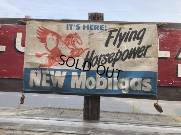 画像1: 40s Vintage MOBIL Flying Horsepower Cloth Banner Sign (B975)