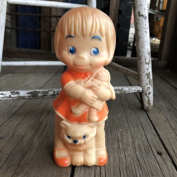 画像1: 60s Vintage Rubber Doll Cute Girl w/cat (B549)