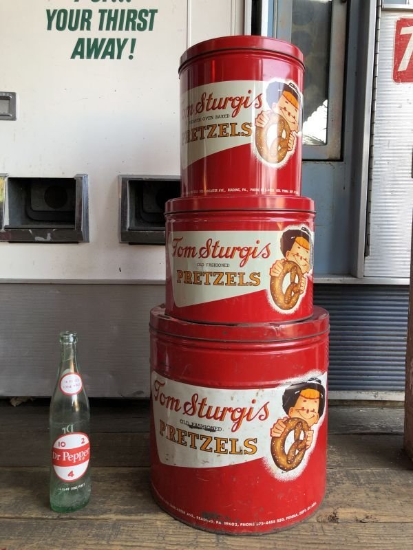画像2: 70s Vintage Tom Sturgis Pretzels Advertising Tin cans SET (B750)
