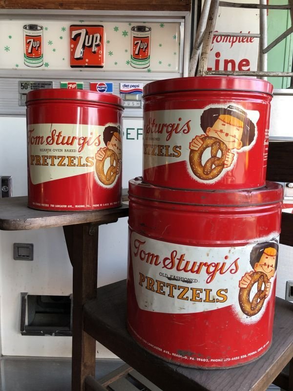 画像1: 70s Vintage Tom Sturgis Pretzels Advertising Tin cans SET (B750)