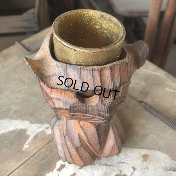 画像2: Vintage Hawaiiana Tiki Cat Wooden Candle Holder (B781)
