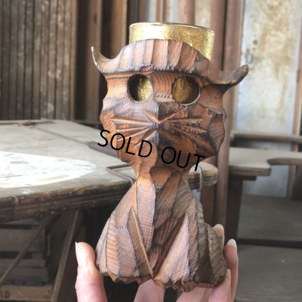 画像1: Vintage Hawaiiana Tiki Cat Wooden Candle Holder (B781)