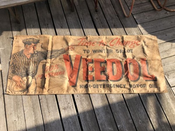 画像1: 【店舗引きり限定】 Vintage 30s-40s era Veedol Motor Oil Cloth Canvas Banner Store Sign (M447) 