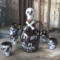 50s Vintage SKULL " LAY OFF " Poison Decanter Bottle w/Shot Glass (B618)