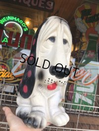 70s Vintage NY Vinyl Plastic Sad Eye Dog Bank Basset hound White x Dot (M843)