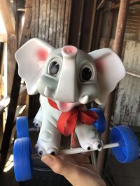 60s Vintage LEDRA Rubber Squeaker Pull Toy Elephant on Wheels (M695)
