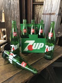 70s Vintage 7UP Soda Green Glass Bottle 16FL OZ w/ 6 Pack Cardboard Carrier SET (A226) 