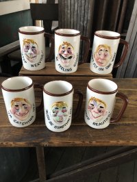 Vintage Enesco Funny Faces Ceramic Mug Set of 6 (A313)