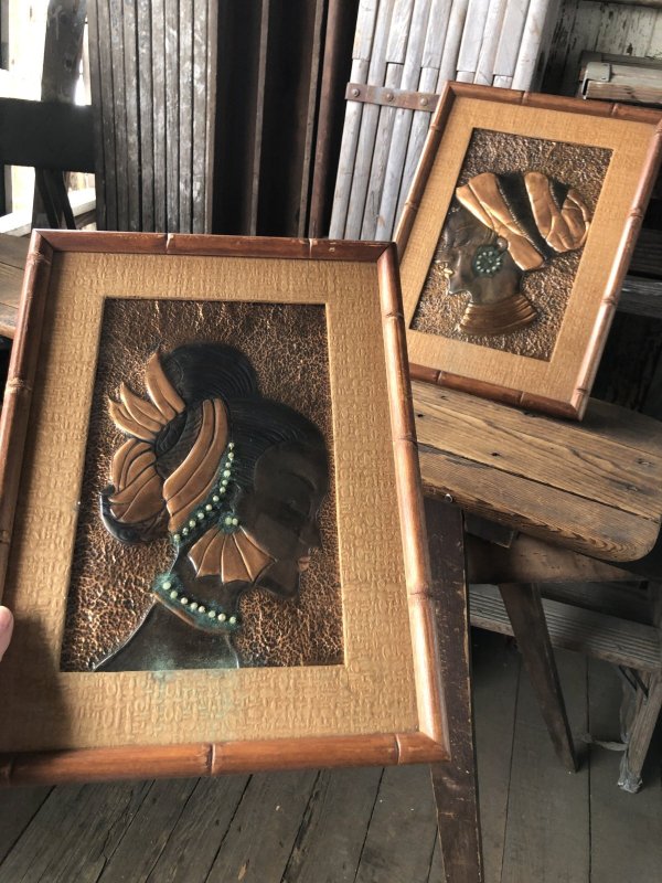 画像18: Vintage MCM African Woman Embossed Copper Wall Relief Art w/Frame SET (A359)