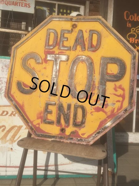 画像1: Vintage Road Sign Yellow Embossed Stop Dead End (AL424) (1)