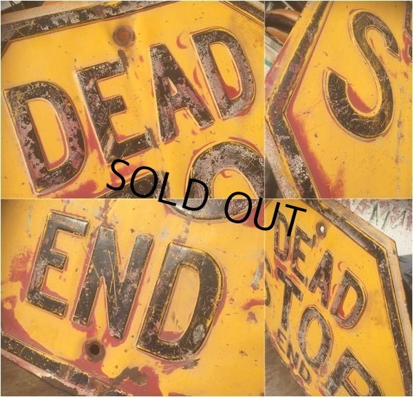 画像3: Vintage Road Sign Yellow Embossed Stop Dead End (AL424) (3)
