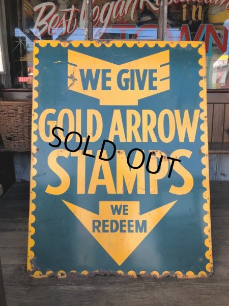 画像10: 40s Vintage Gold Arrow Stamps Huge Tin Sign (J380) (10)