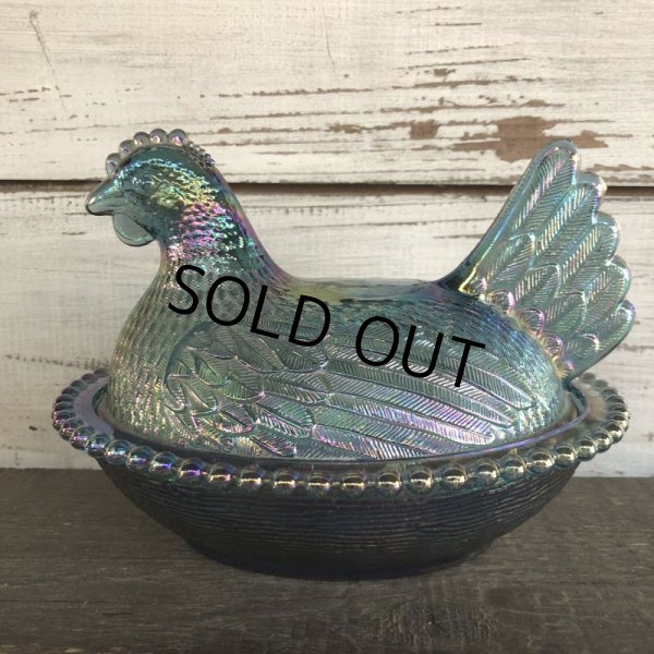 画像1: Vintage Carnival Indiana Glass Iridescent Hen On Nest Candy Dish (S333) (1)