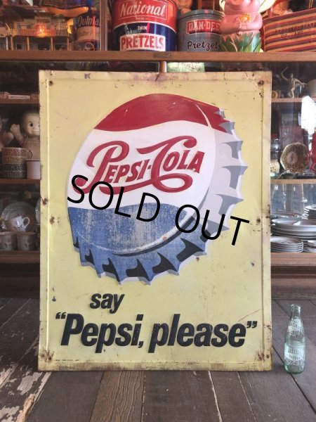 画像1: 50s 60s Vintage Pepsi Cola Say Pepsi Please Embossed Metal Sign (T115) (1)