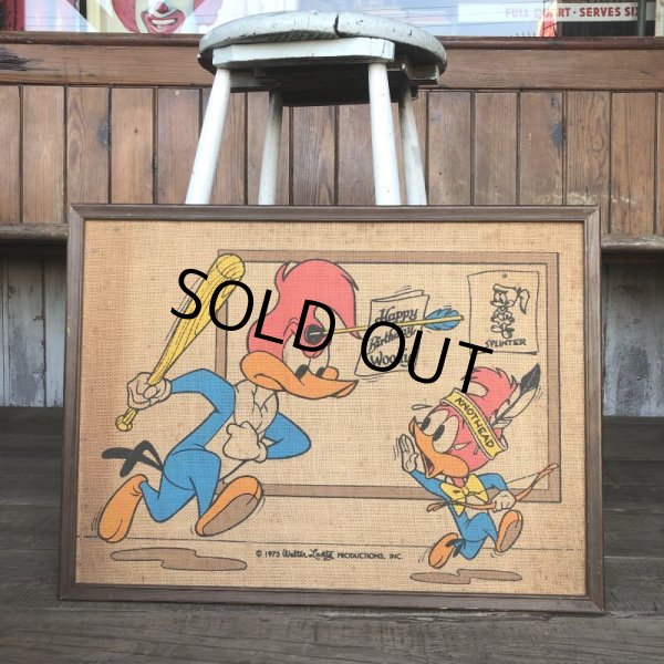 画像2: 70s Vintage Walter Lantz Woody Woodpecker Burlap Art (T565) (2)