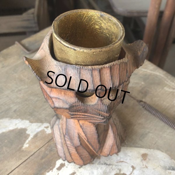 画像2: Vintage Hawaiiana Tiki Cat Wooden Candle Holder (B781) (2)