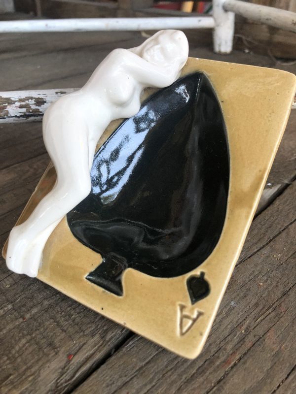 Vintage Japan Nude Naked Pin-up Girl Ceramic Ashtray (B201